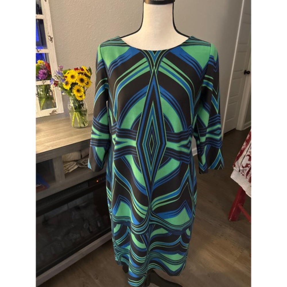 J.Taylor dress size 10 3/4‎ sleeve green blue abstract